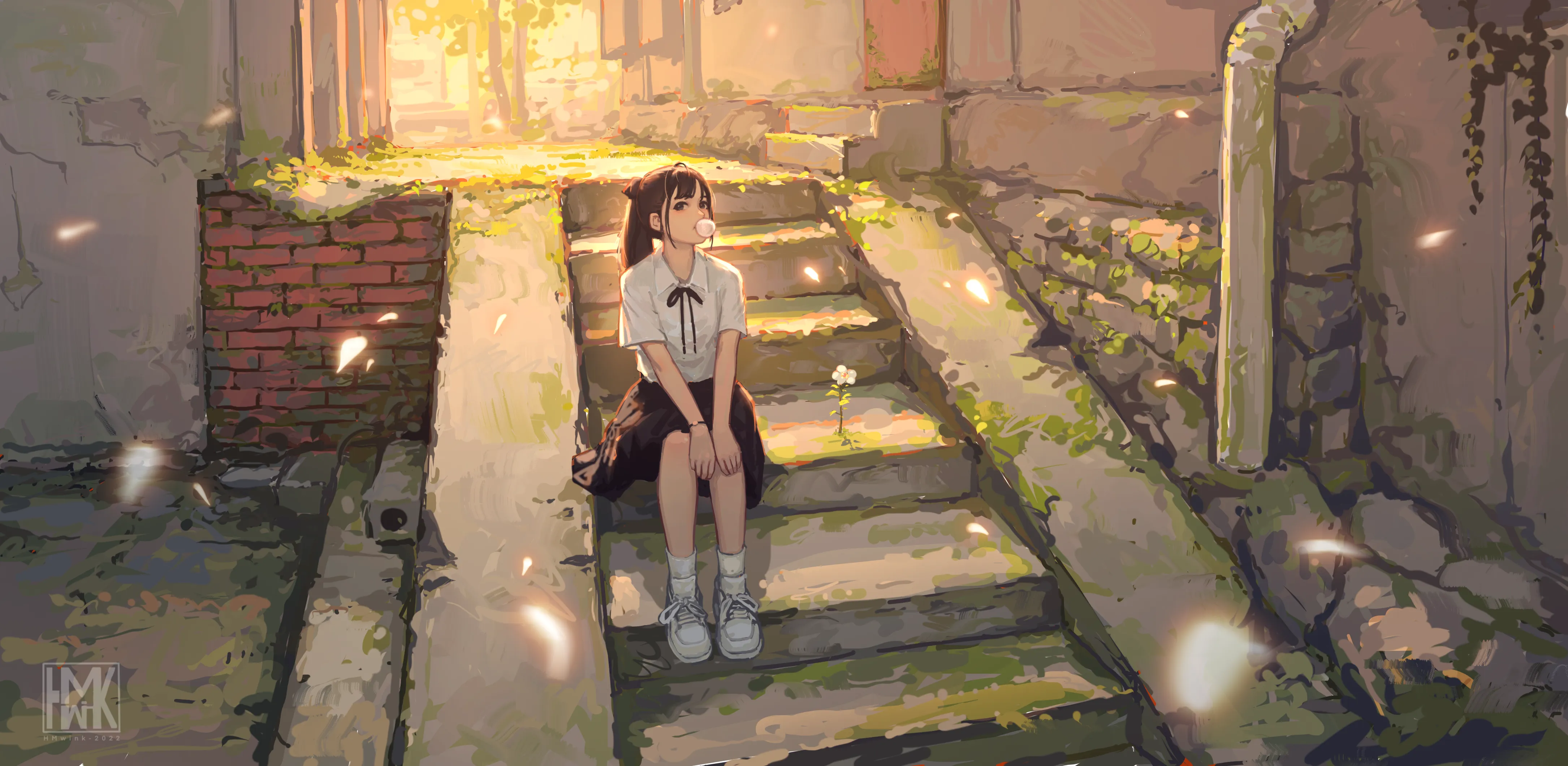 青苔小巷与吹泡泡的女孩